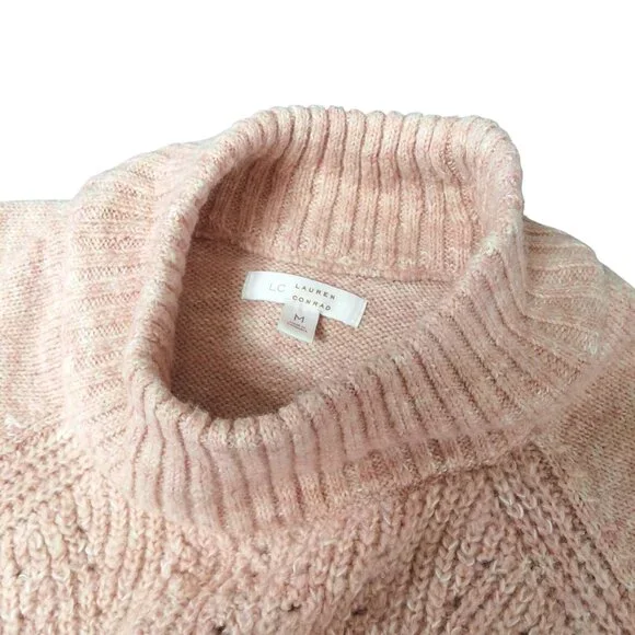 Blush Pink Pointelle Knit Mock Neck Oversized Sweater Soft Wool Blend Medium LC - Picture 8 of 10